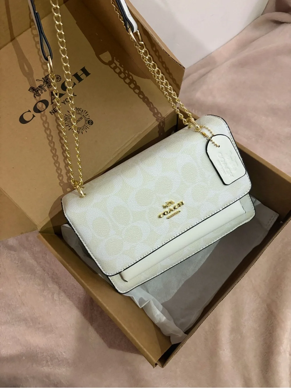 Coach Cream and White Signature Chain Shoulder Bag